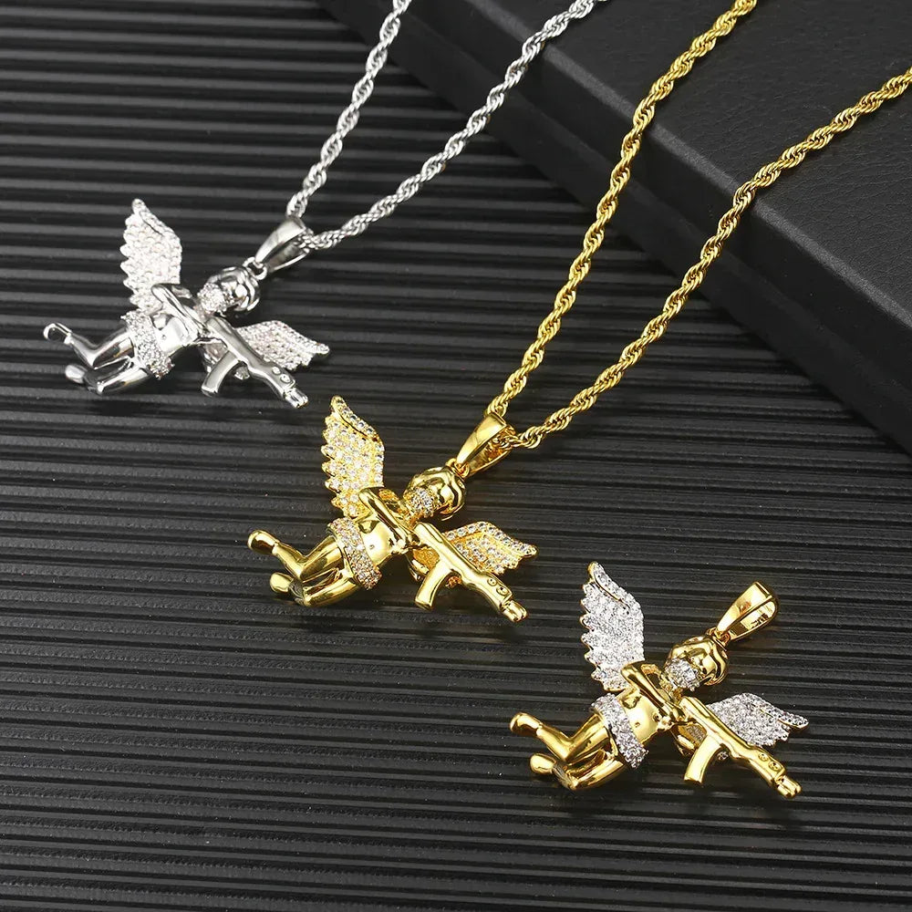 RevengeAngel Gun Pendant Hip Hop Necklace with Micro-Pave Zircon for Men | Caratix Jewelry - CaratixJewelry